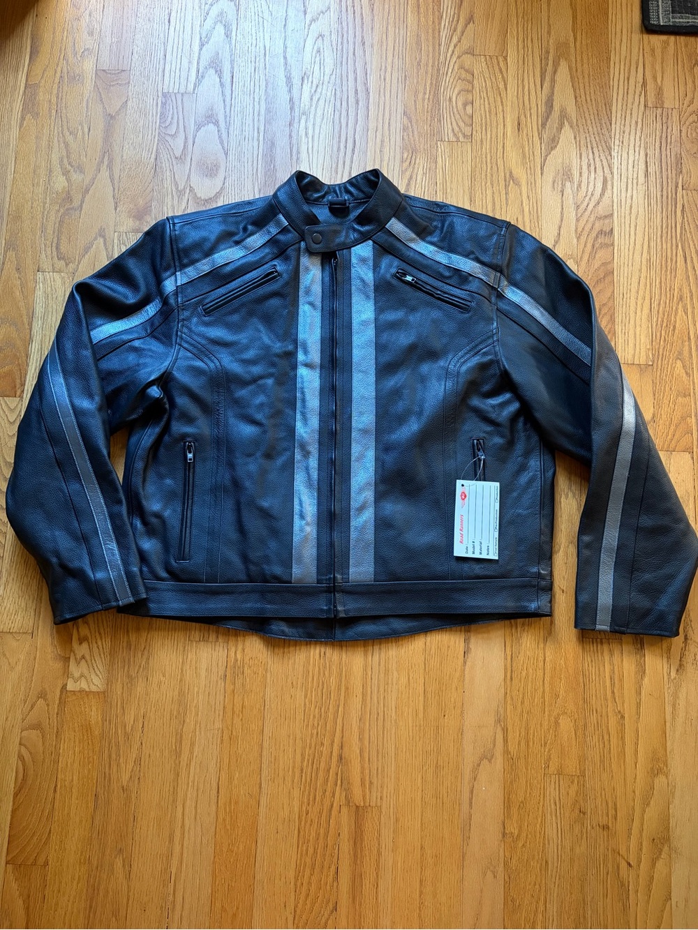Men's Black Leather Jacket with Gray Racing Stripes